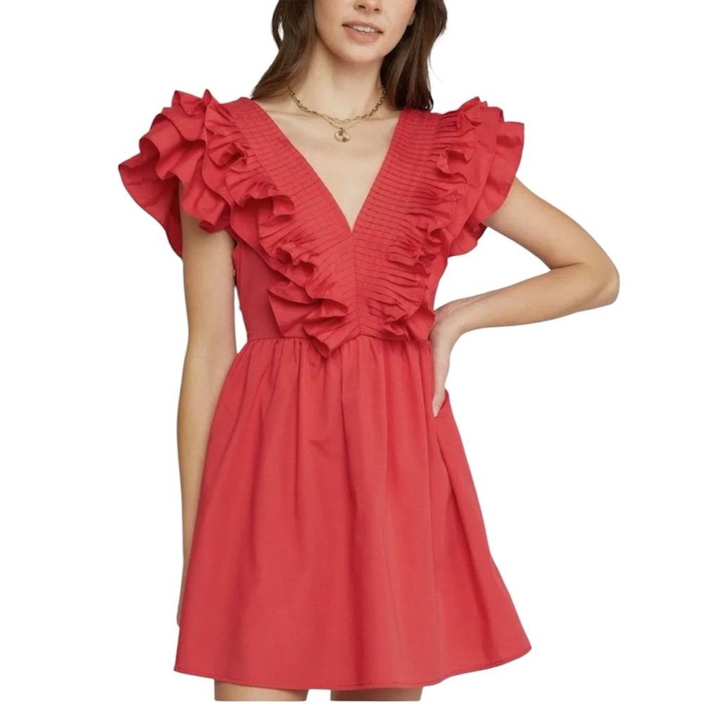 Entro NWT (Anthro) ruffle V neck fit and flare mini dress in hot pink size L